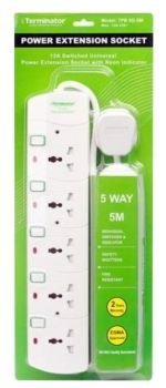 Terminator 5 way Universal Power Extension Socket, 5M 3X1.25MM2, White color body & cable with individual switch 13A Fused plug | TPB 5G-5M | CognitionUAE.com